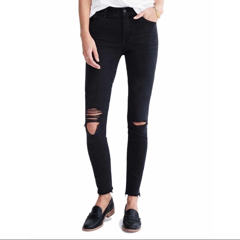 Madewell 9” High-Rise Skinny Stretch Raw‎ Hem Distressed Black Jeans Size 28TL